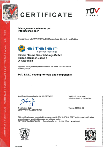 Quality management at Eifeler Austria Coatings ISO certified - certificate ISO 9001:2015 for PVD & DLC coatings