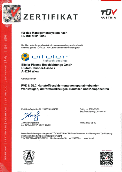 Zertifikat ISO 9001 PVD und DLC Hartstoffbeschichtungen